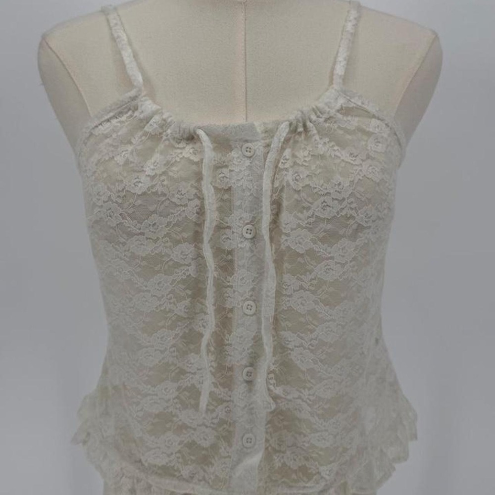 John Galt White Lace Ruffle Cami Top Button Front Adjustable Straps NWT